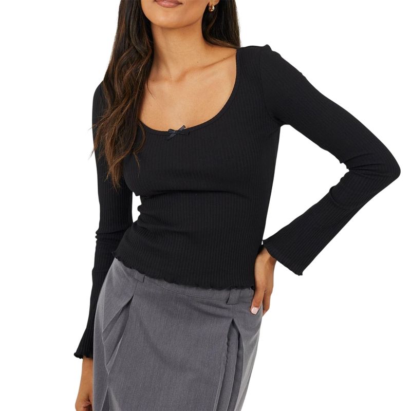 Brave Soul Womens/Ladies Ribbed Bow Detail Long-Sleeved Top / Black